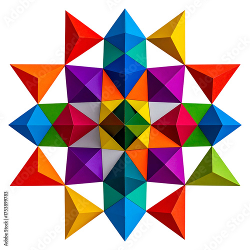 Geometric starburst pattern with colorful triangular prisms and black background.