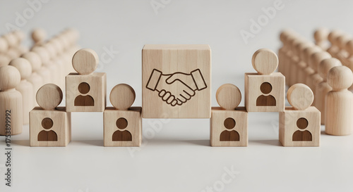 Successful business partnership symbolized by handshake and teamwork blocks