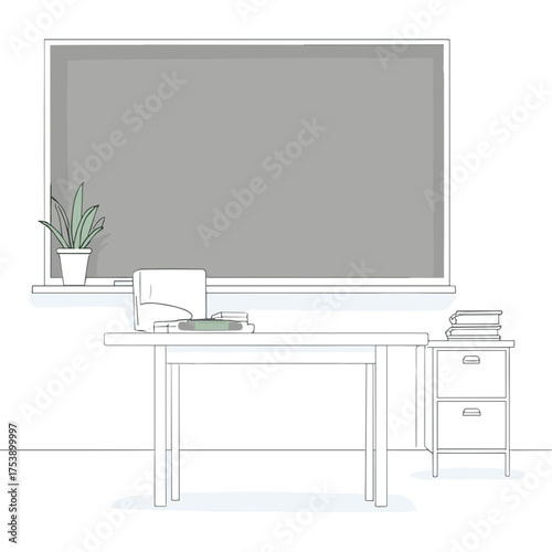 Clean minimalist classroom illustration with blackboard desk and plant for education use