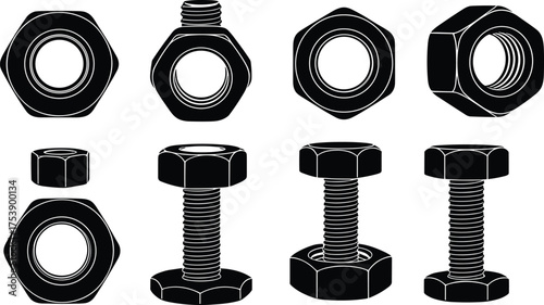 Metal nuts and bolts silhouette vector illustration, industrial mechanical hardware tools, construction fasteners design, black engineering components on white background