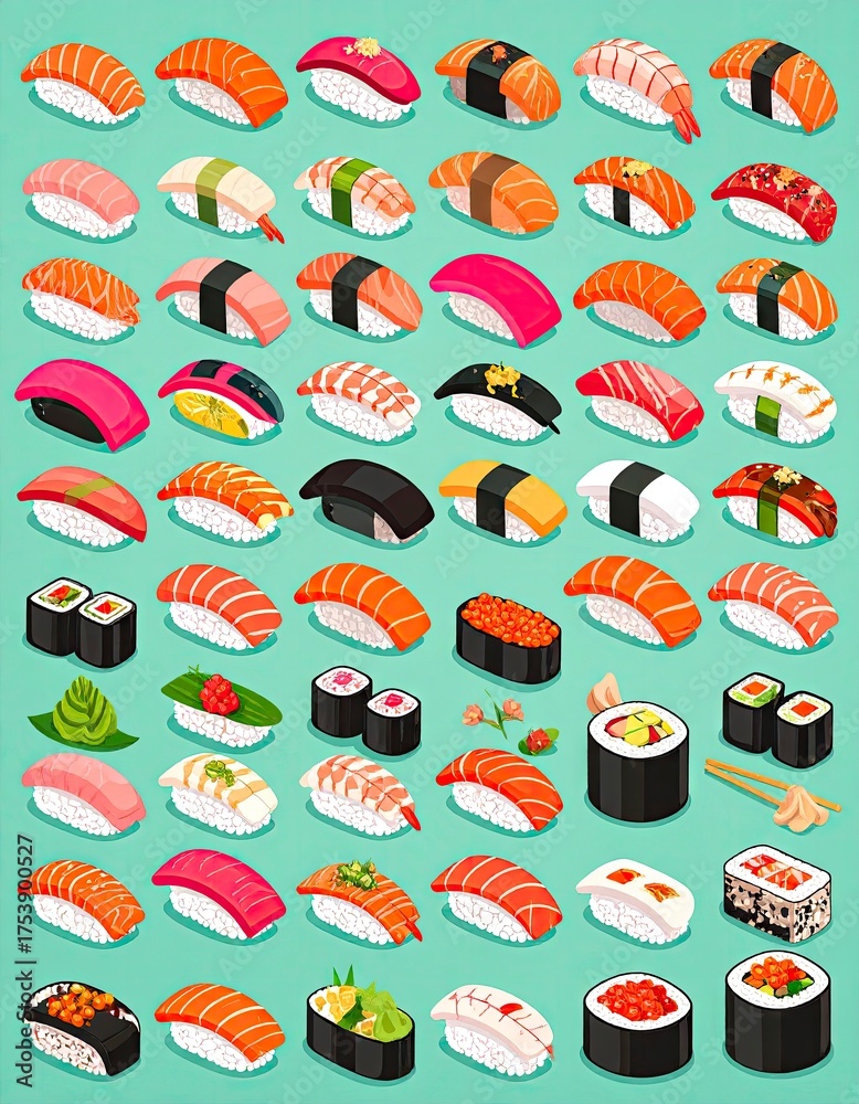Naklejka premium Assorted Sushi Platter - A Delicious Japanese Culinary Collection.