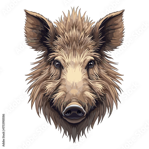 Detailed illustration of a wild boar head with a textured coat and focused gaze design