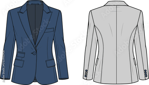 Formal blue blazer front and back view, professional clothing design template, stylish tailored jacket cad drawing flat vector illustration