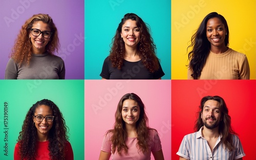 Collage photo six cool funny active modern people diversity fancy ladies hipster guys men good mood discotheque festive clubbers isolated many colors violet teal yellow pink red background