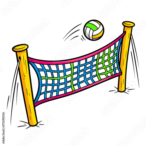 Colorful cartoon volleyball net with a volleyball flying toward it in a playful scene