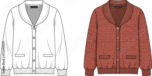 Knitted cardigan front view with button closure and shawl collar design, stylish textured fabric fashion template, cad drawing flat vector illustration