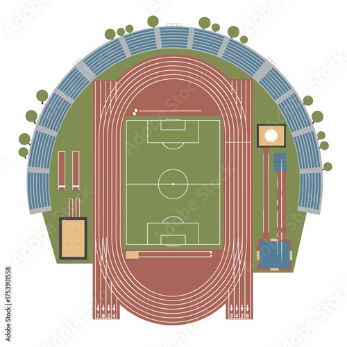 Aerial view of a vibrant stadium showcasing a soccer field and running track design