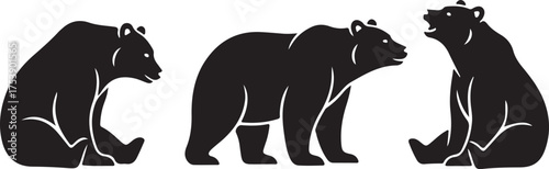 Three Bears: A minimalist silhouette captures the essence of the bears, each showcasing a unique pose: sitting, standing, and speaking, highlighting their individual presence. 
