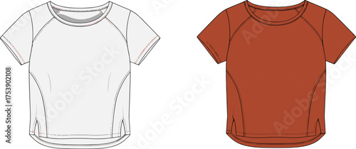 Sporty short sleeve t-shirt front view with seam detailing and curved hem, modern fashion template design, cad drawing flat vector illustration