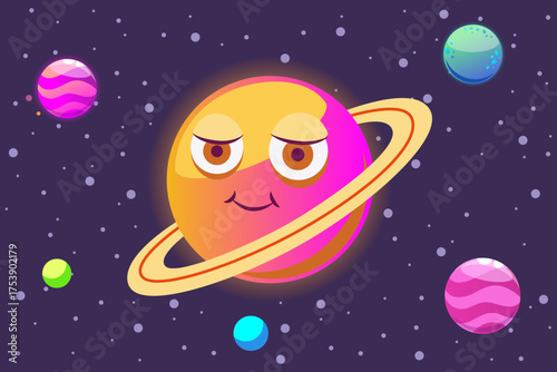Cheerful cartoon planet with ring smiling playfully among colorful planets in space. Small stars surrounding scene, creating vibrant cosmic atmosphere