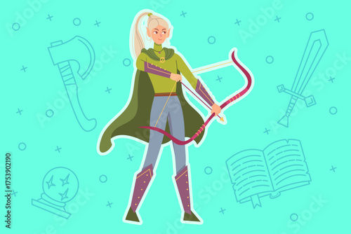 Skilled elf-like character standing ready with bow and arrow in hand. Woman with long hair wearing green outfit, prepared for adventurous quest in magical setting