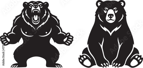 Strong Bear Silhouette: Two powerful bear silhouettes, one in an aggressive stance, the other seated, embody raw strength and resilience. A striking graphic for nature, animal themes.