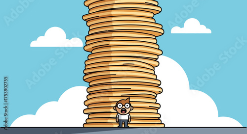 Overwhelmed Person Standing Before Giant Stack of Pancakes Illustration