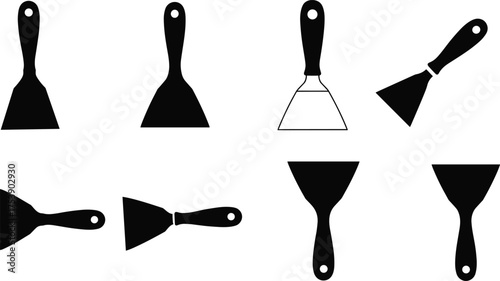 Set of black and white putty knife silhouettes, scraper tool collection, construction equipment illustration, repair tool vector isolated design