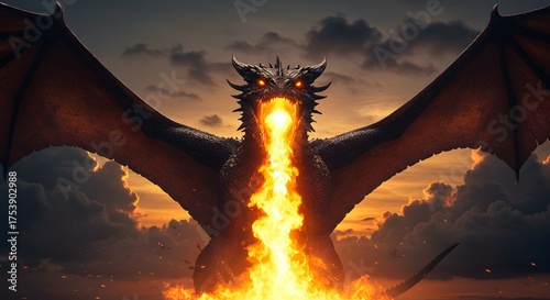 Majestic Dragon Breathing Fire with Glowing Eyes Against Dramatic Sunset Sky