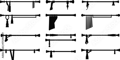 Set of curtain rod silhouettes, decorative drapery pole designs, home interior accessories vector collection, window treatment illustration black and white