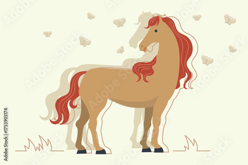 Brown horse in serene landscape, its long red mane flowing in breeze. Butterflies dancing around, creating peaceful, playful atmosphere in sunny setting