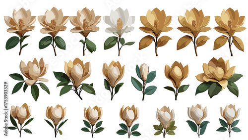 Golden Magnolia Silhouette Vector collection showcasing radiant magnolia silhouettes with refined geometry, soft golden highlights, and timeless sophistication — ideal Flower Illustration Vectors