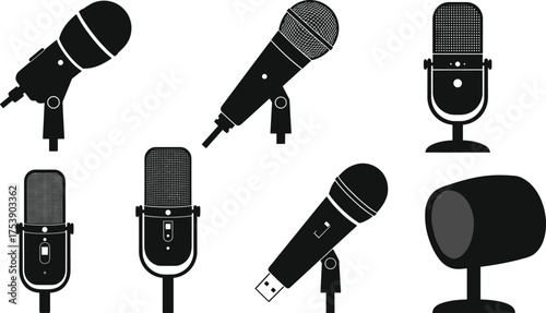 Set of modern black microphone silhouette vector illustrations, studio, podcast, and music recording equipment icons on white background