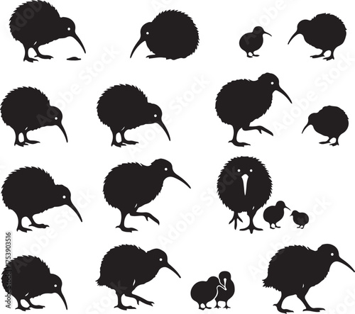 Kiwi Bird Silhouette Collection: A detailed set of kiwi bird silhouettes showcases various poses and sizes, ideal for design and educational purposes. 