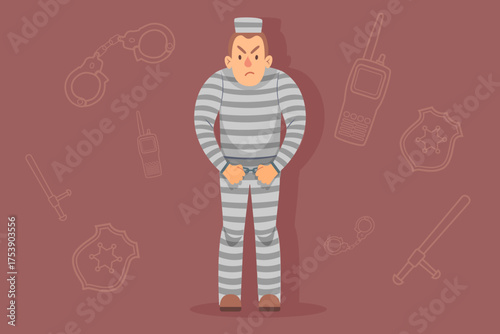 Cartoon character with angry expression wearing striped prison uniform. Police equipment like handcuffs and radios in background