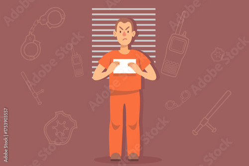 Prisoner in orange jumpsuit standing in front of mugshot board while holding piece of paper. Background with various law enforcement tools, suggesting police setting