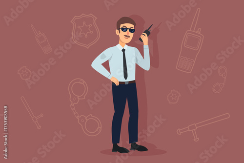 Police officer wearing sunglasses standing confidently with radio in hand. Man ready for action, surrounded by law enforcement symbols like handcuffs and badges