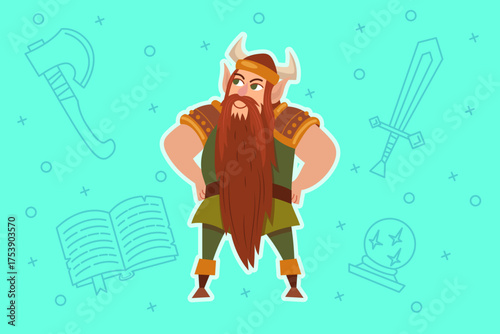 Viking warrior standing confidently with strong stance. Character wearing long beard and horns on his helmet. Background with icons like axe, sword, and book. Adventure concept