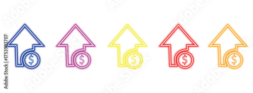 A set of five colorful icons representing financial growth and currency appreciation with upward arrows and dollar signs, ideal for economic concepts.	