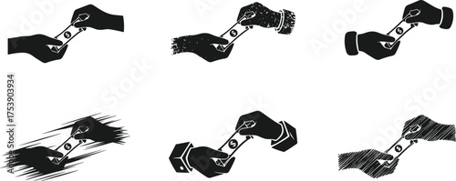 Set of Six Financial Transaction Icons: Hand Giving or Receiving Dollar Banknote, Payment, Exchange, and Business Deal Concepts Vector Collection, Banking