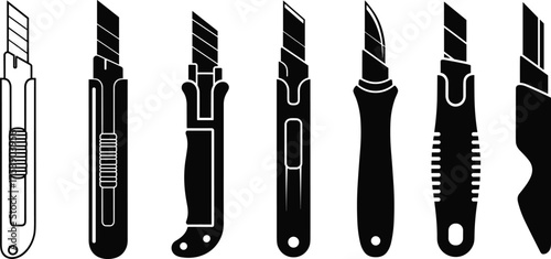 Set of utility knife and scalpel icons in black and white vector style, isolated cutters and blades illustration for design use