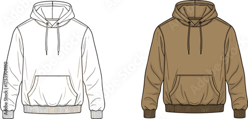 Unisex casual hoodie front view with drawstring and pocket, brown and white color fashion design, cad drawing flat vector illustration