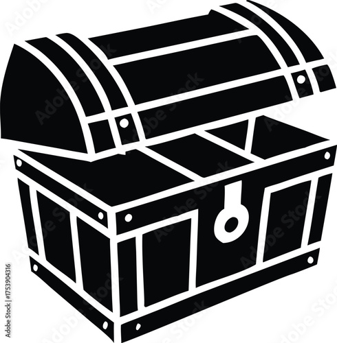 Wooden antique treasure chest vector illustration icon with a gold lock and metal trunk for pirate treasure business