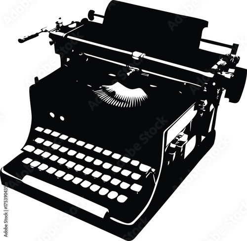 Vintage antique manual typewriter with black metal body and keys on an old office desk for typing a letter on paper