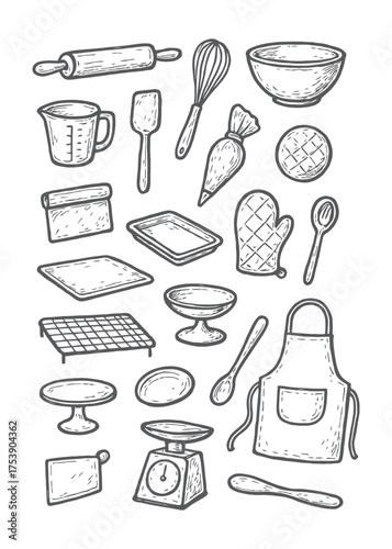 Bakery Tools Hand-Drawn Vector Set Black and White Pastry Shop Sketch Illustration