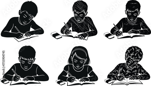 Silhouette children writing in notebooks with eraser, students studying homework, black vector kids learning education drawing classroom school activity illustration