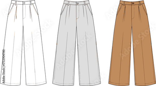 Women's wide leg trousers fashion flat front view with pleats and waistband, casual office pants in color variations, cad drawing flat vector illustration