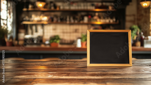 A blank blackboard stands prominently on rustic wooden counter, ready for the day's specials, with soft glow of warm, inviting café in background.