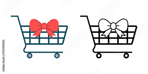 Online shopping cart gift icon with Christmas bow. Perfect for festive e-commerce, holiday shopping deals, and digital gift concepts.