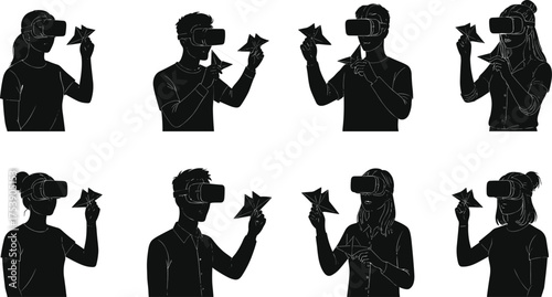Silhouette people wearing VR headset holding paper airplane, virtual reality simulation concept, futuristic technology education, immersive experience vector illustration design