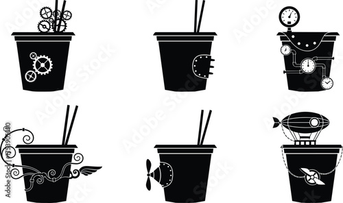 Six creative black steampunk noodle cup vector illustrations with gears, wings, propellers and pipes, modern retro mechanical food concept