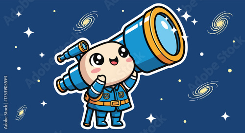Cute cartoon character looks through a telescope at distant galaxies in a whimsical space scene, full of wonder and curiosity.