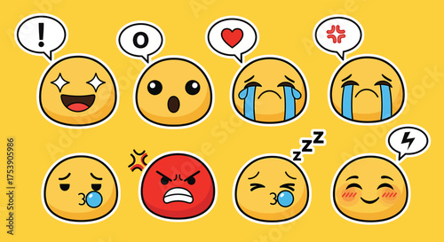 Collection of yellow emoji faces expressing various emotions on a bright yellow backdrop, showcasing a range of feelings from joy to anger in a playful manner.