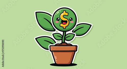 Smiling coin plant growing in terracotta pot symbolizes financial growth and prosperity with cute, cartoonish style on light green backdrop.