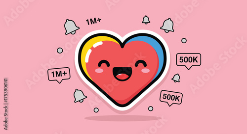 Happy cartoon heart smiling amidst notification bubbles on pink backdrop, symbolizing social media engagement and positive feedback, creating a cheerful and vibrant atmosphere.