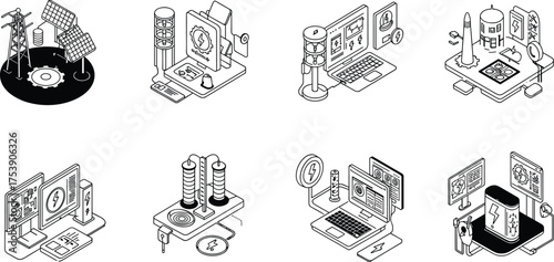 Smart Grid, Energy Storage, and Sustainable Power Isometric Vector Icons Set, Power Station, Solar Panels, Battery, and Digital Energy Monitoring System Illustration Pack