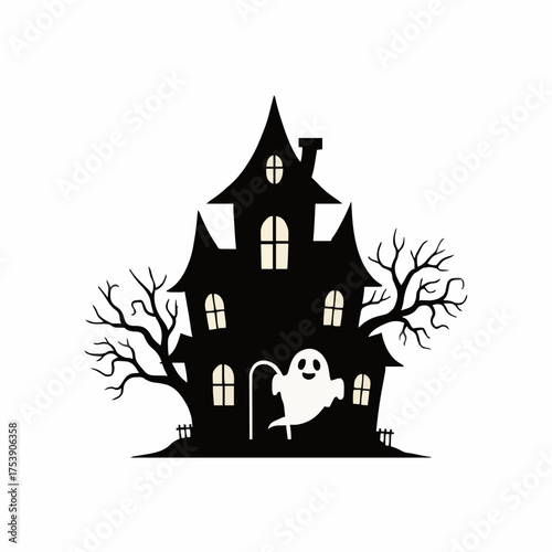 A spooky black haunted house illustration with glowing windows and a cute ghost floating near the entrance conjures a whimsical yet eerie halloween atmosphere.