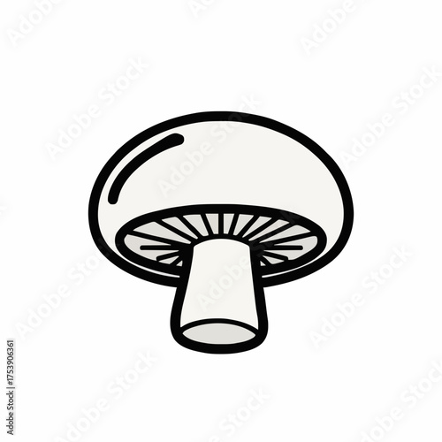 A simplistic, graphic mushroom icon in black and white showcases fungal biology in a clean, minimalist style suitable for food product design or educational diagrams from an elevated angle.