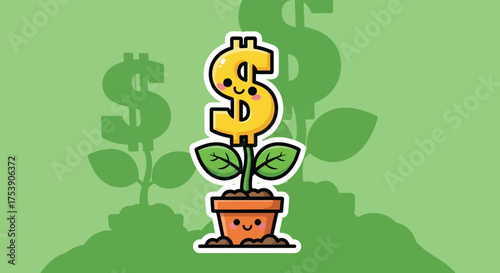 Dollar sign plant growing in pot symbolizes financial growth and investment on light green backdrop, representing wealth and prosperity.