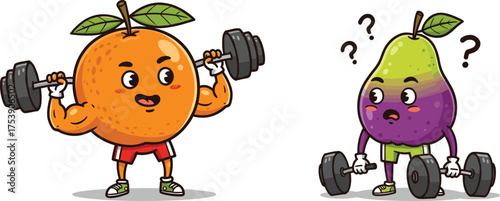 Strong orange fruit lifting dumbbells and confused pear cartoon character, funny gym workout illustration, healthy lifestyle, fitness fruit vector art